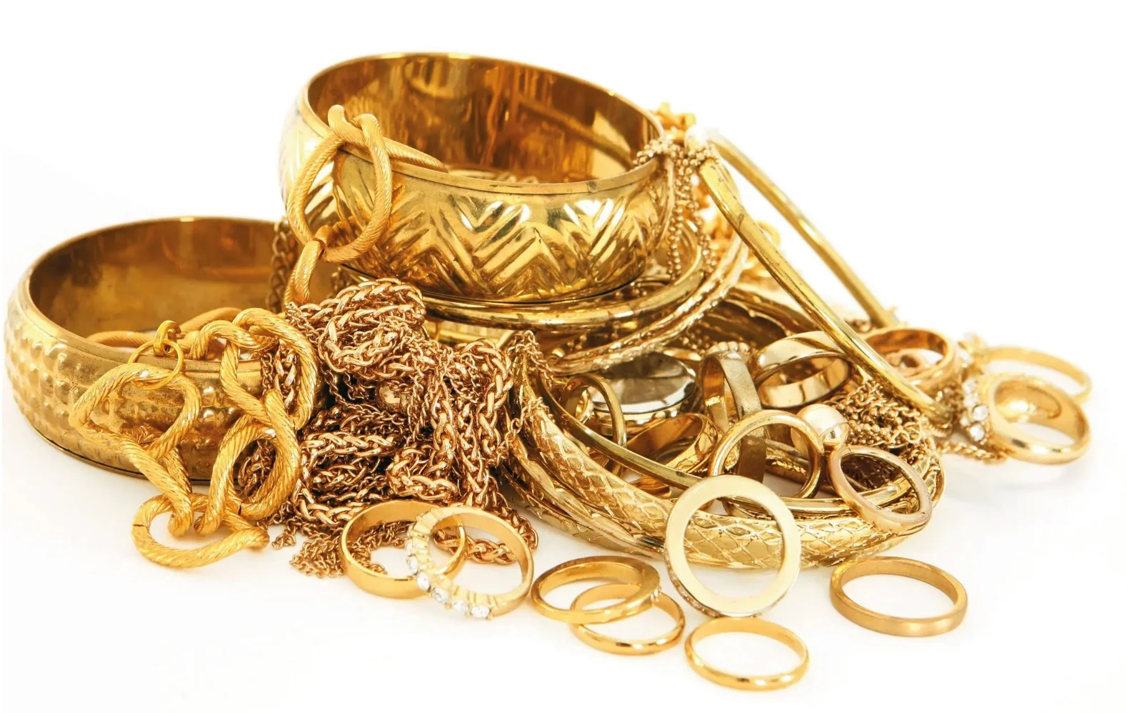 A collection of gold jewellery including rings, chains and bracelets
